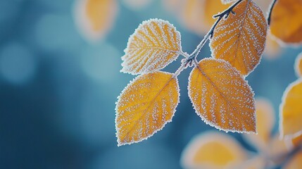   Close-up of a leaf on a tree branch with dew and a blue sky