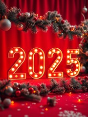 Illuminated 2025 numbers, marquee lights, Christmas decorations, pine garland, red velvet curtain background, ornaments, festive atmosphere, warm glow, holiday season, vibrant red colors, shiny bauble