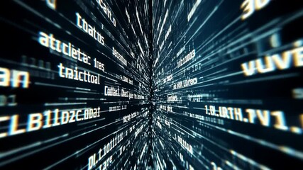 A digital tunnel of code rushes past, creating a sense of speed and motion