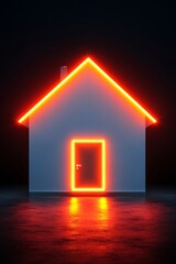 Wall Mural - A glowing house silhouette with neon lights on the roof and door.