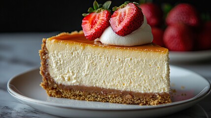   Cheesecake plate with 2 strawberries & strawberry bowl in background