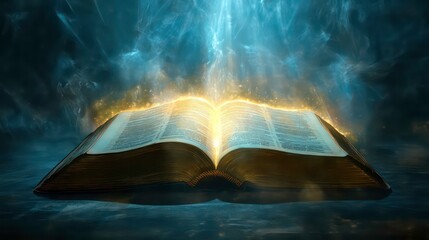Wall Mural - an open, ancient book glowing with golden light in a dark background with smoke around it.