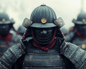 A group of armored warriors in traditional attire, showcasing strength and unity.