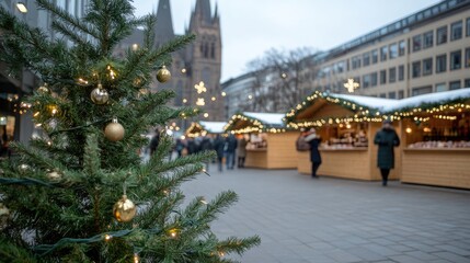 Wooden stalls adorned with lights and garlands create a warm, festive ambiance as visitors enjoy drinks at a holiday market.