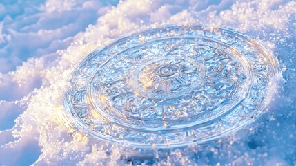 Frosty Medieval Shield of Valor on Snowy Ground - Intricate Design and Battle Scars in Winter Fantasy Scene