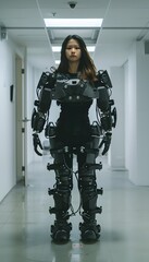 an asian woman wearing a robot suit stands in an empty hallway