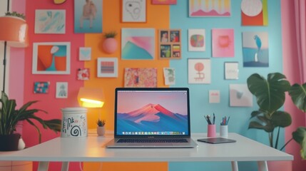 Aufkleber - This workspace showcases a sleek laptop on a desk surrounded by colorful wall art, plants, and office supplies in a cozy setting. Generative AI