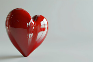 A glossy, red heart shape sits on a plain white background.