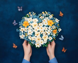 Wall Mural - A heart-shaped arrangement of colorful flowers held by hands, surrounded by butterflies.