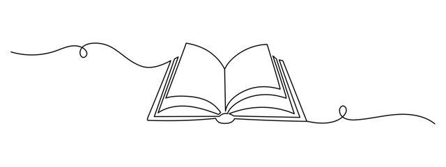 Aufkleber - Opened book with flying page in one continuous line drawing. Education study and knowledge library concept in simple linear style. Editable stroke. Doodle vector illustration