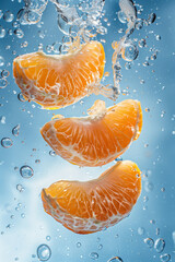 Wall Mural - Clementine oranges splashing on a blue water with bubbles background, fresh juicy sliced citrus fruits