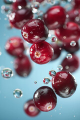 Wall Mural - Cranberries splashing on a blue water with bubbles background, fresh juicy berries