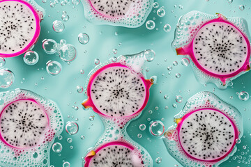 Wall Mural - Dragonfruit splashing on a blue water with bubbles background, fresh juicy sliced fruits