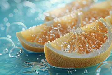 yellow grapefruit splashing on a blue water with bubbles background, fresh juicy sliced fruits
