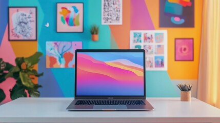 Leinwandbilder - A stylish workspace showcases a laptop on a white desk surrounded by colorful wall art and greenery, creating an inviting atmosphere. Generative AI