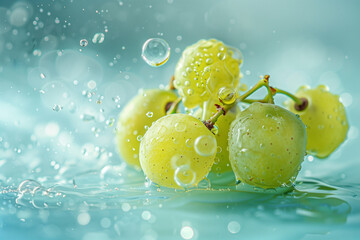 Wall Mural - grapes splashing on a blue water with bubbles background, fresh juicy fruits