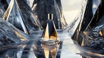 Fototapete - A beautifully designed perfume bottle stands prominently amid stunning crystal-like formations. The soft light of dusk reflects off the surfaces, creating a tranquil yet captivating atmosphere.