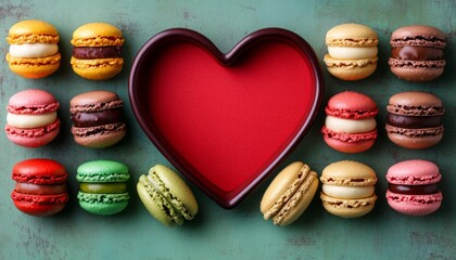 Poster - A heart-shaped plate surrounded by colorful macarons for a festive display.