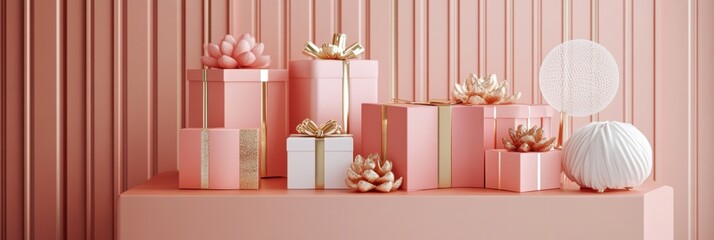 Aufkleber - Vibrant geometric gift boxes in soft pink tones are beautifully arranged, showcasing decorative elements ideal for celebrations and gifting. Generative AI