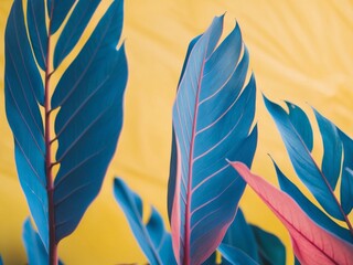 Bright Blue and Pink Tropical Leaves on Yellow Background for Summer Design.