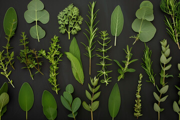 set of fresh various herbs on black background, cooking ingredients, green spices