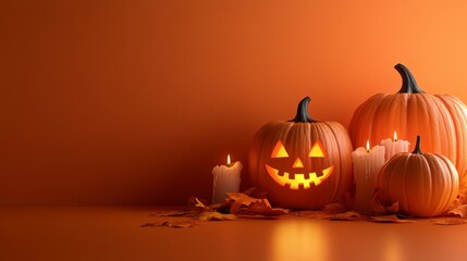 Product display podium with 3D Jack O' Lantern pumpkins and candlelight, on an orange paper graphic background for Halloween