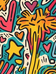 Poster - This doodle features an array of cheerful symbols including stars, hearts, and flowers, all bursting with color and creativity. Generative AI