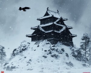 Wall Mural - A majestic snow-covered castle with an eagle soaring above.