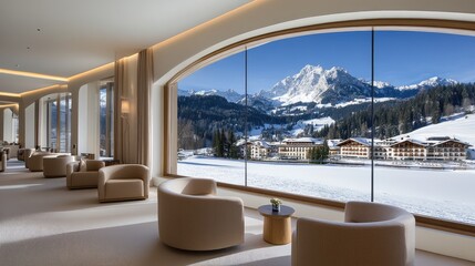 A tranquil spa interior features soft seating and warm lighting, inviting relaxation. Large windows showcase a snowy mountain view, enhancing the serene atmosphere