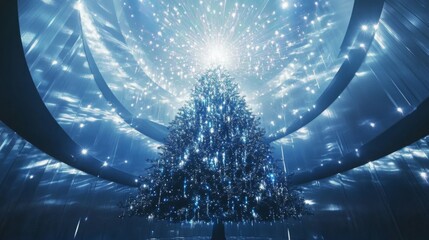 Poster - A large, blue Christmas tree with many lights is surrounded by a futuristic structure with curved, blue panels and glowing lights.