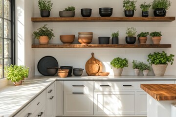 scandinavian kitchen design, modern scandinavian kitchen with white cabinets, black accents, sleek design lines, open shelves showcasing pottery potted herbs for a touch of green