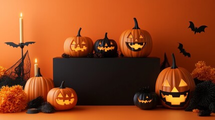 Product display podium with 3D Jack O' Lantern pumpkins and candlelight, on an orange paper graphic background for Halloween