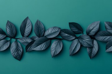 Wall Mural - A minimalist arrangement of dark leaves on a teal background.