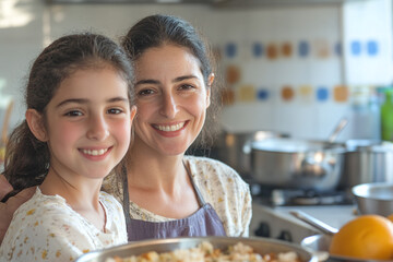 Jewish Mother and Daughter Cooking: A mother and daughter preparing traditional dishes in the kitchen for the Rosh Hashanah meal.