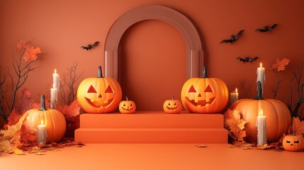 Product display podium with 3D Jack O' Lantern pumpkins and candlelight, on an orange paper graphic background for Halloween