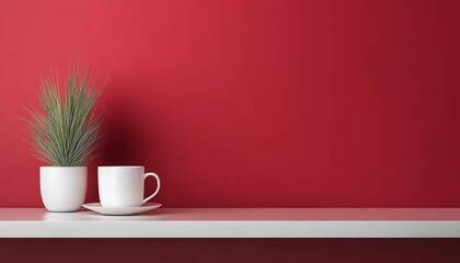 Sticker - A minimalist shelf with a plant and a cup against a red wall.