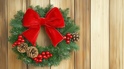 High-resolution image of a traditional Christmas wreath with a large red bow, pinecones, and red berries, hanging against a rustic wooden background, perfect for festive decoration themes.