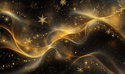 An abstract composition of swirling golden ribbons, snowflakes, and glowing stars, blending seamlessly into a dark winter background with subtle light accents