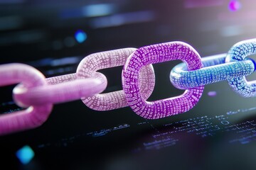 There is a purple light network made up of a chain of glowing blue digital code