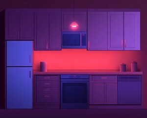 A modern kitchen with purple and red lighting, featuring appliances and cabinets.