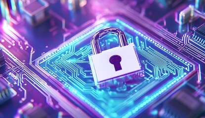A digital lock icon and a city background, illustrating the concept of data security