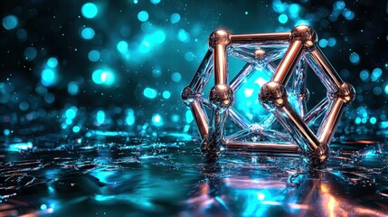 Futuristic geometric structure on shimmering surface amidst blue bokeh lights