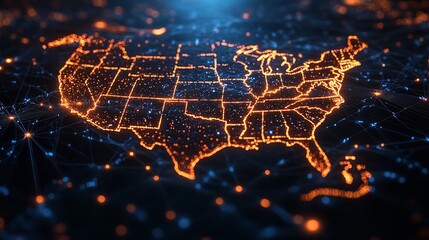 Digital map of the USA, illustrating North America's global network, connectivity, data transfer, cyber technology, and information exchange through telecommunications.