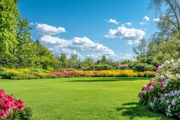 Fototapete - Lush green lawn with colorful flower beds and blue sky with fluffy white clouds.