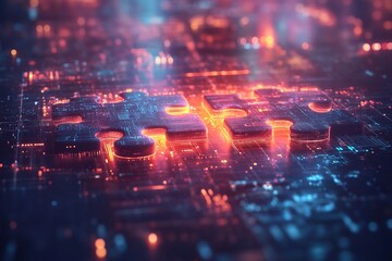 Digital depiction of API integration with two interlocking puzzle pieces against a futuristic tech background, symbolizing connectivity and seamless interoperability.