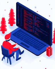 Canvas Print - A person coding on a laptop surrounded by Christmas trees and decorations.