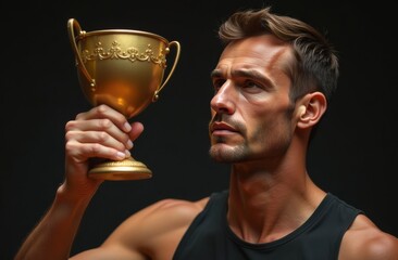 Athlete raised his hand holding a golden sports cup, award and victory concept