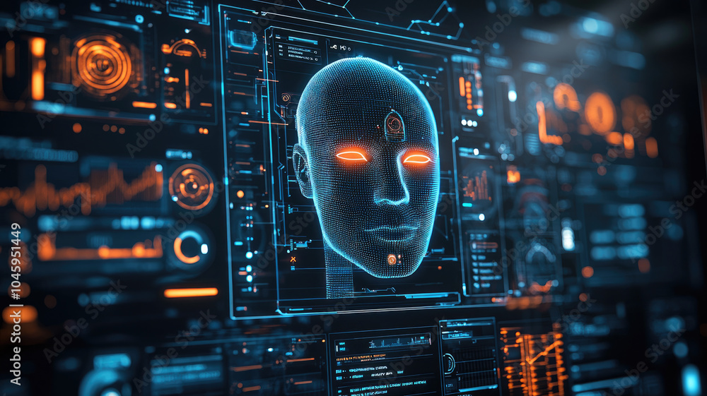 Facial recognition technology, human face on computer screen. Concept ...