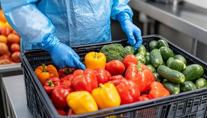 Wall Mural - A person sorting fresh vegetables in a basket for preparation.