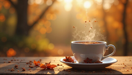 Spiced chai tea latte on a wooden table in a lush landscape background with bokeh